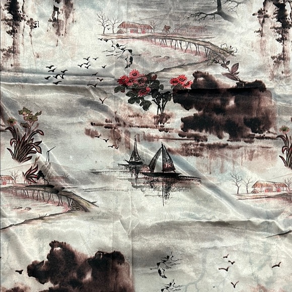 100% Silk Scarf Shaw Wrap Toile Gray Brown, Pink Floral, Boats, Tree - Picture 6 of 11
